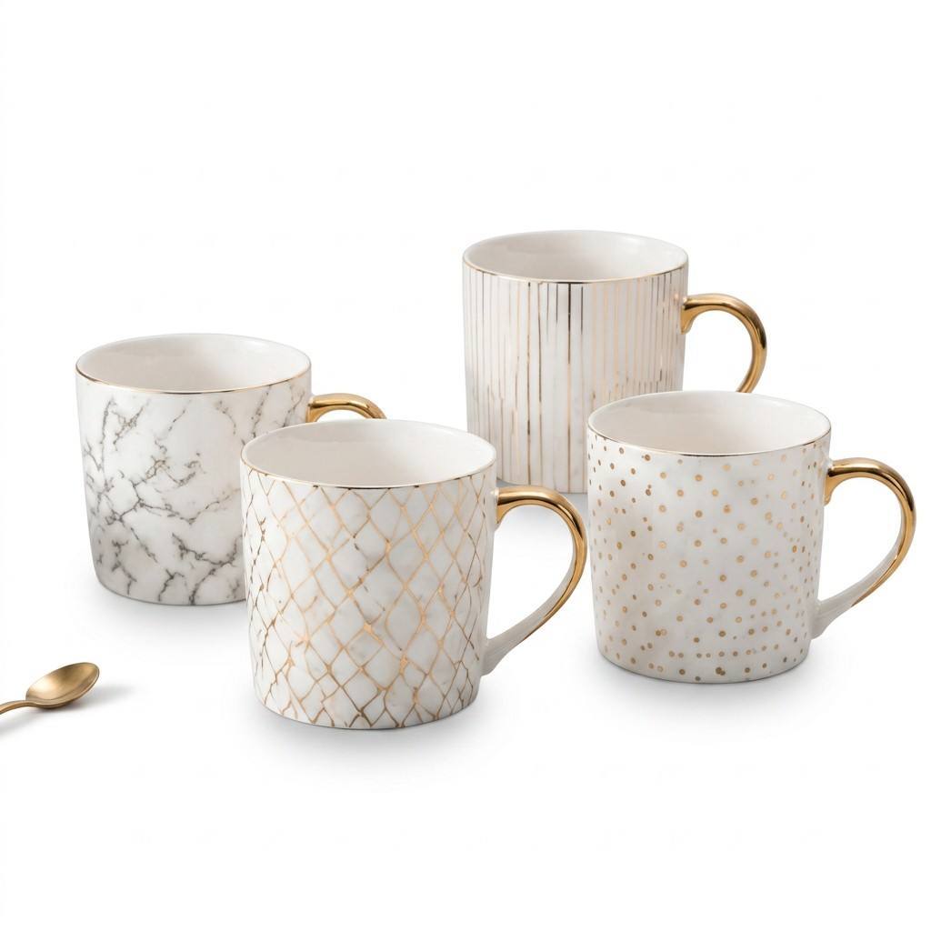 Gold Rim Ceramic Coffee Mug – Set of 4